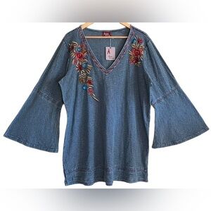 AVANI DEL AMOUR Cotton Floral Embroidered Flounce Sleeves Boho Top Size 1X NWT